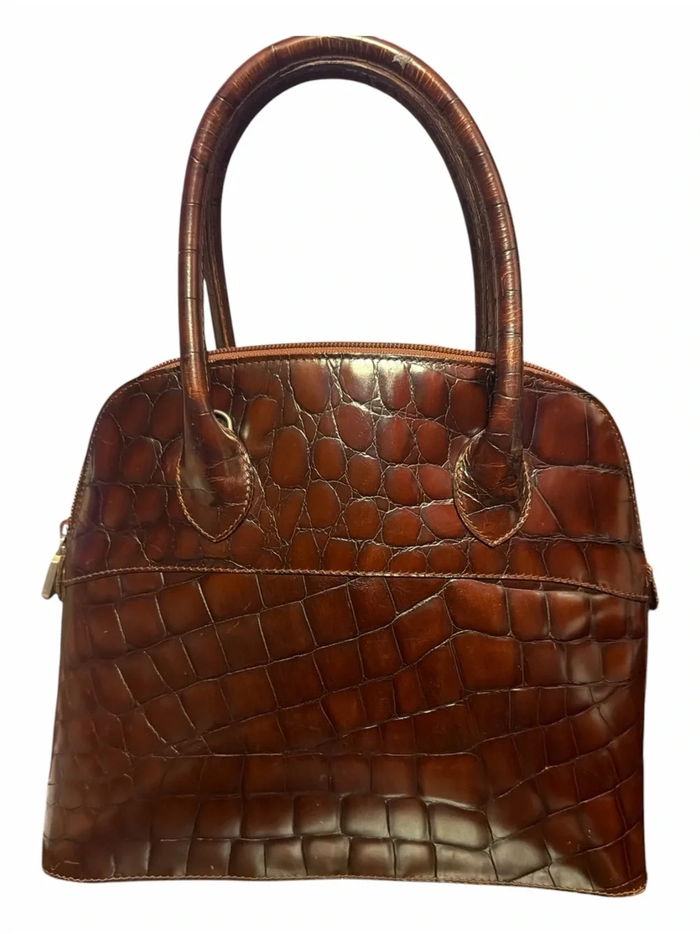 Vintage Furla Italian Croc Embossed Leather Dome Satchel Bag Brown